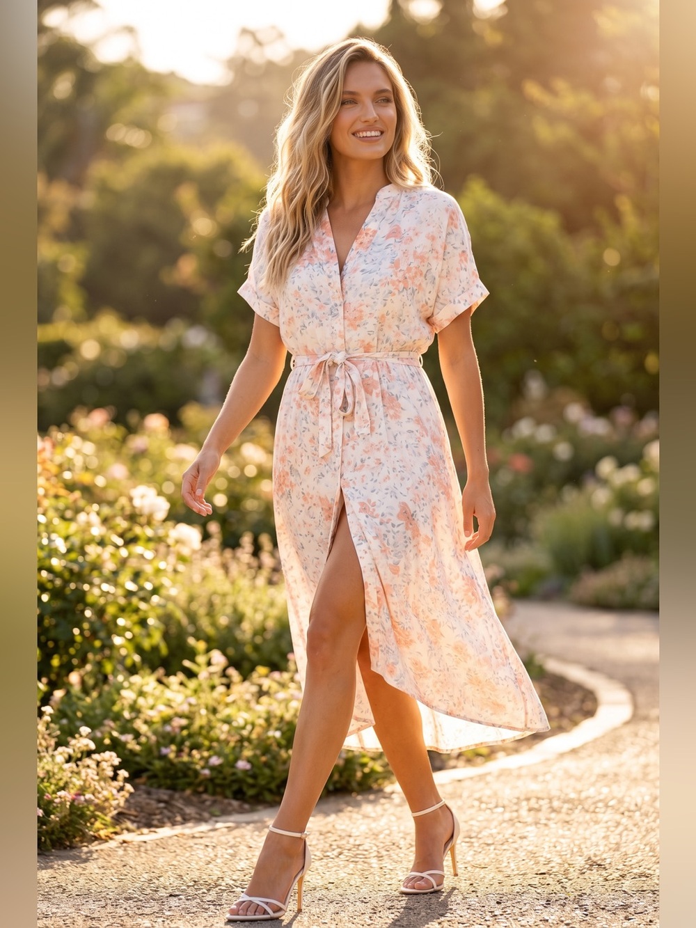 H&M White Cherry Pastel Pink Floral Maxi Dress with Tie Waist